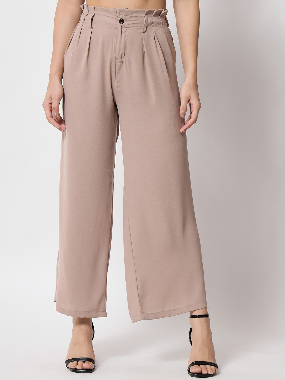 

Kotty Women Relaxed Flared High-Rise Easy Wash Pleated Trousers, Beige