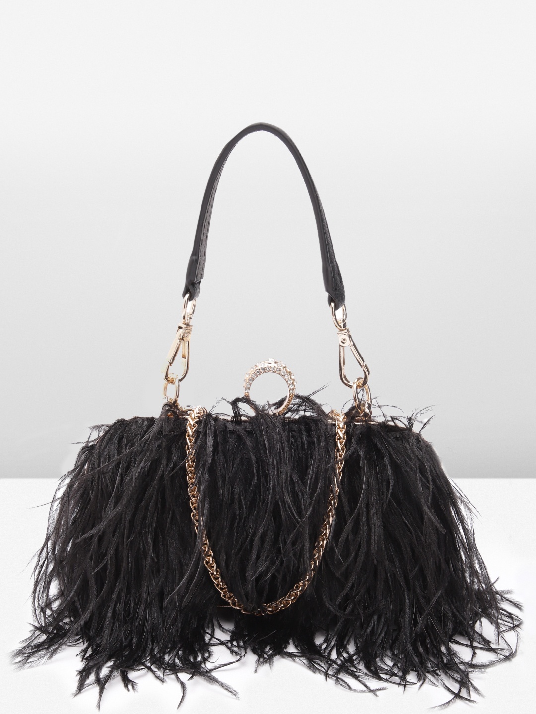 

MISSPAP Faux Feather Clutch Sling Bag with Detachable Sling Strap, Black