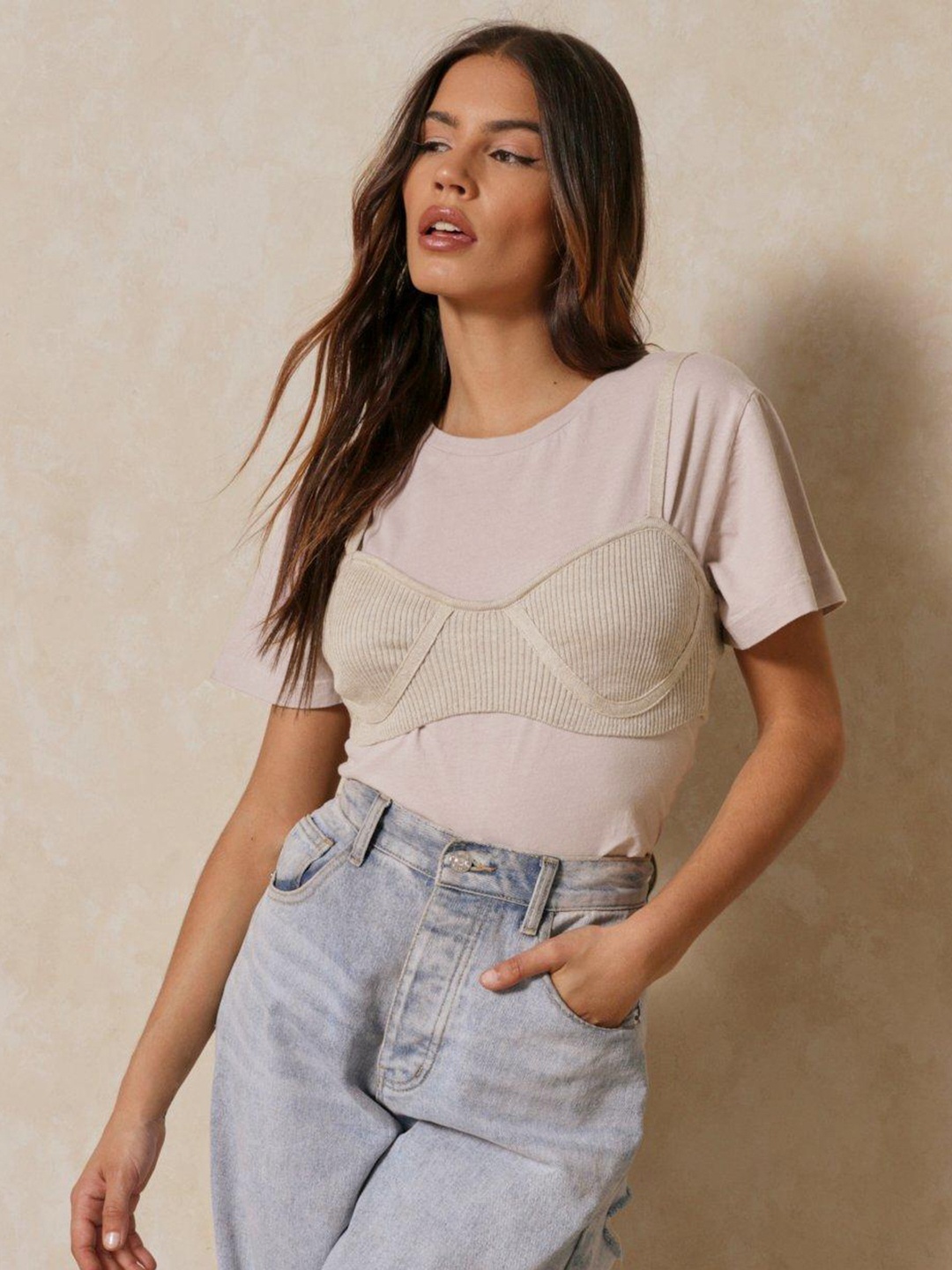 

MISSPAP Ribbed Crop Top & Solid T-shirt, Beige