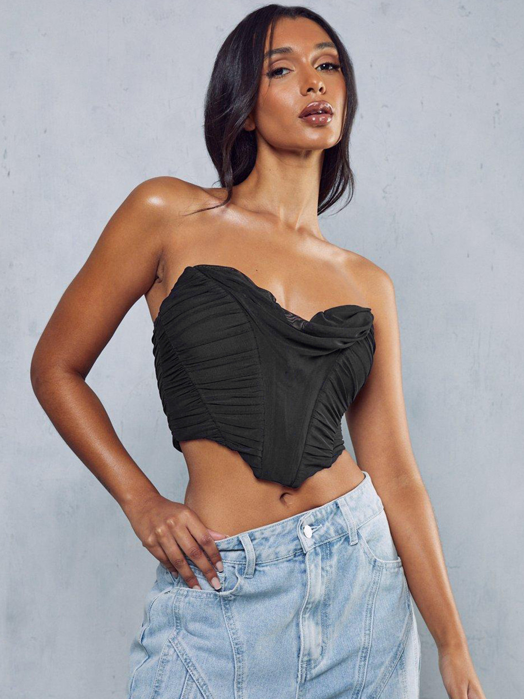 

MISSPAP Off-Shoulder Plunge Mesh Corset Crop Top, Black