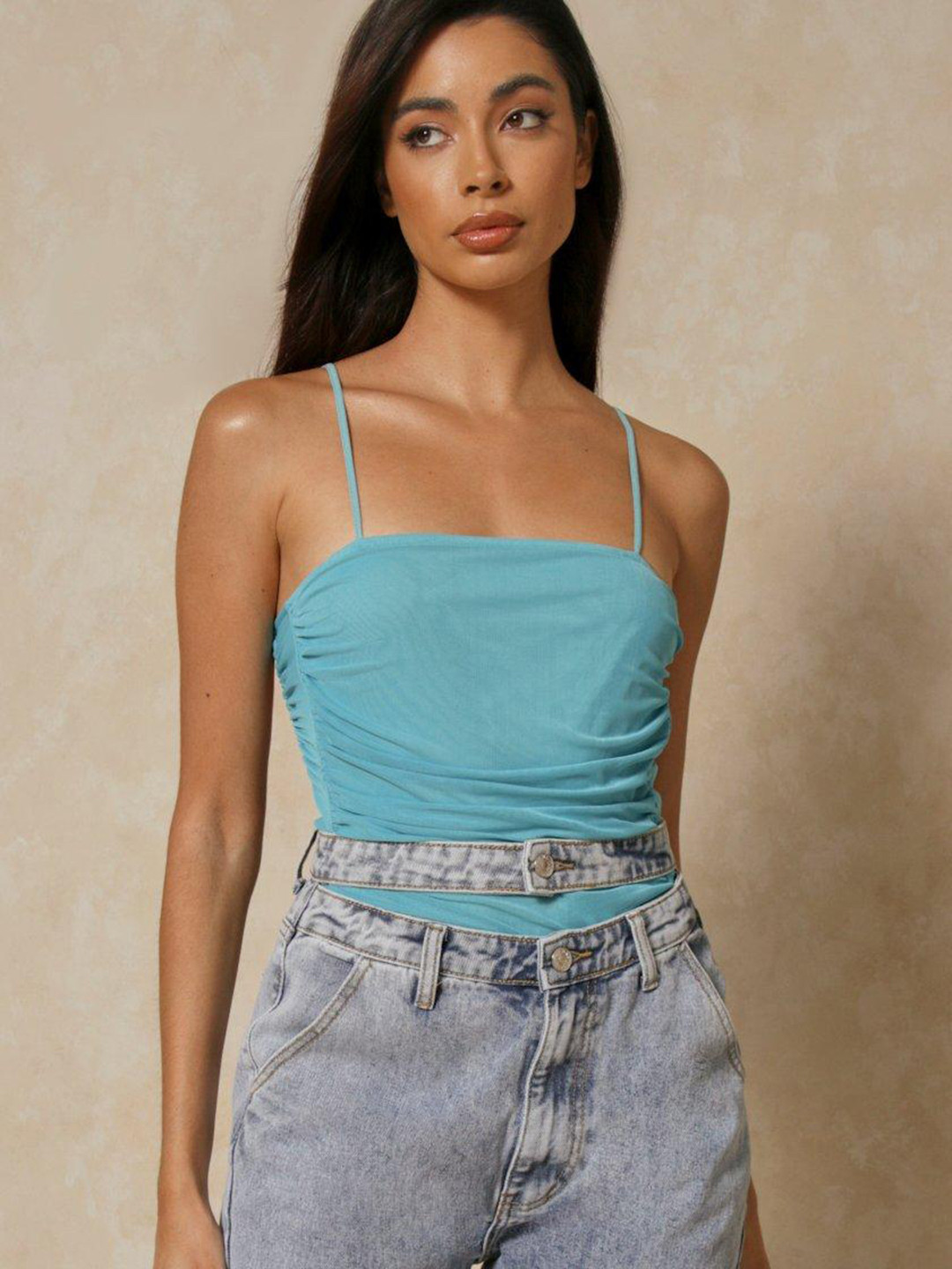 

MISSPAP Ruched Shoulder Straps Back Style Bodsyuit, Blue