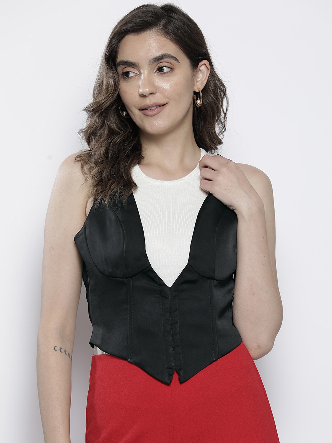 

MISSPAP Satin-Finish Crop Boned Waistcoat, Black