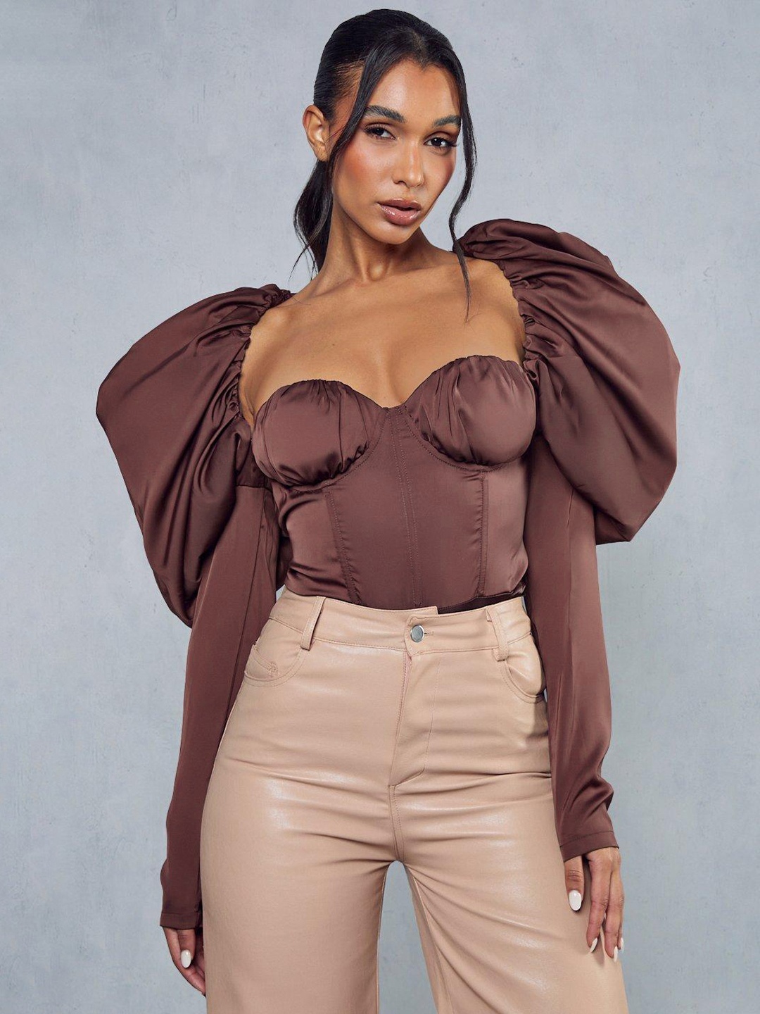 

MISSPAP Women Satin Power Puff Sleeve Bodysuit, Brown