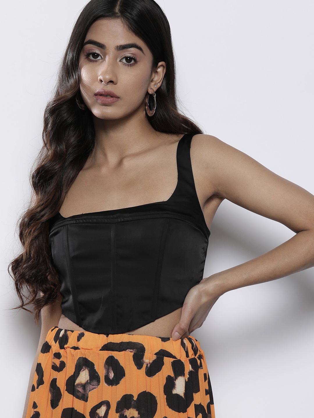 

MISSPAP Square Neck Satin Finish Structured Corset Crop Top, Black