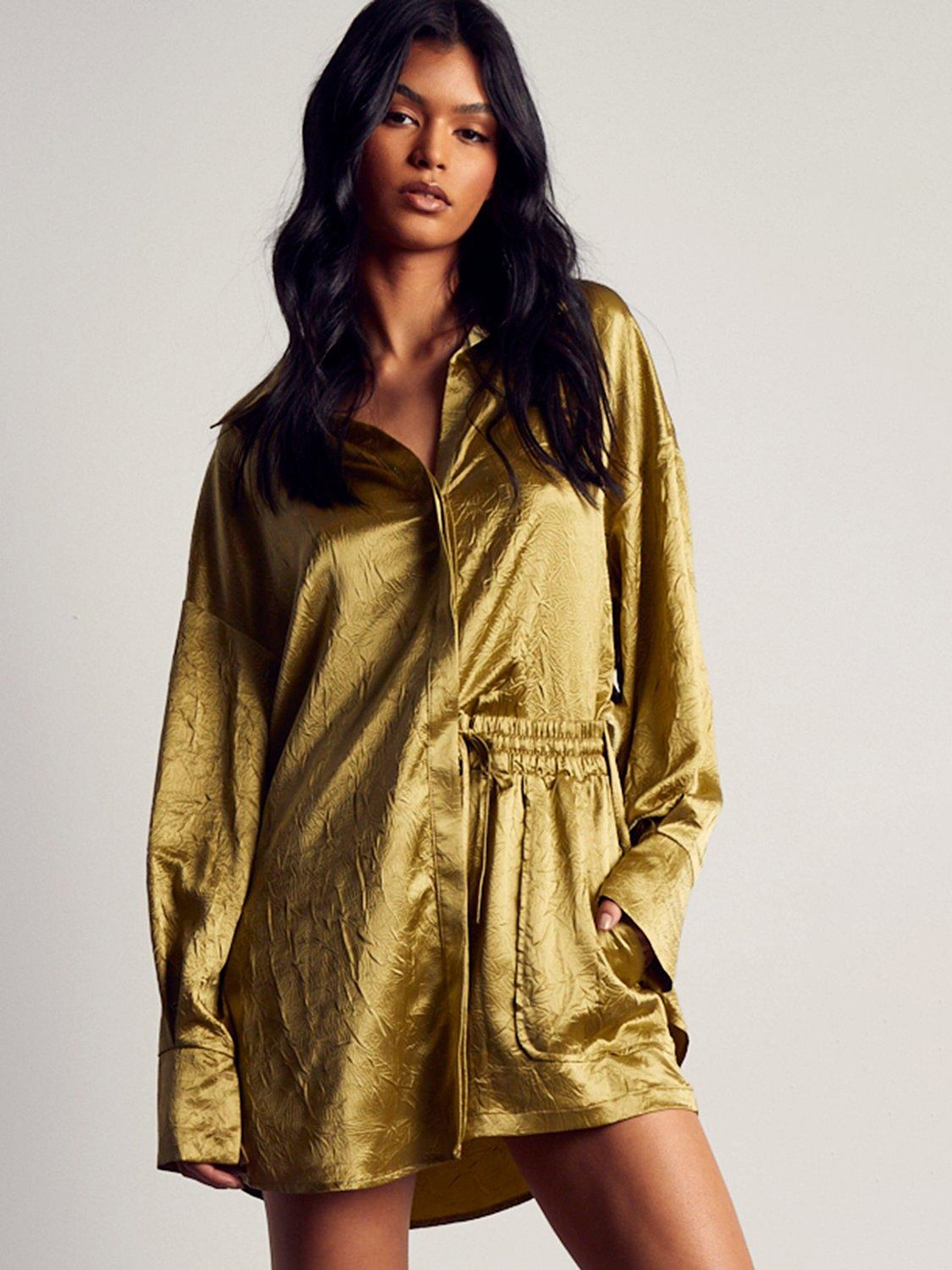 

MISSPAP Textured Crinkled Satin Oversized Shirt, Olive