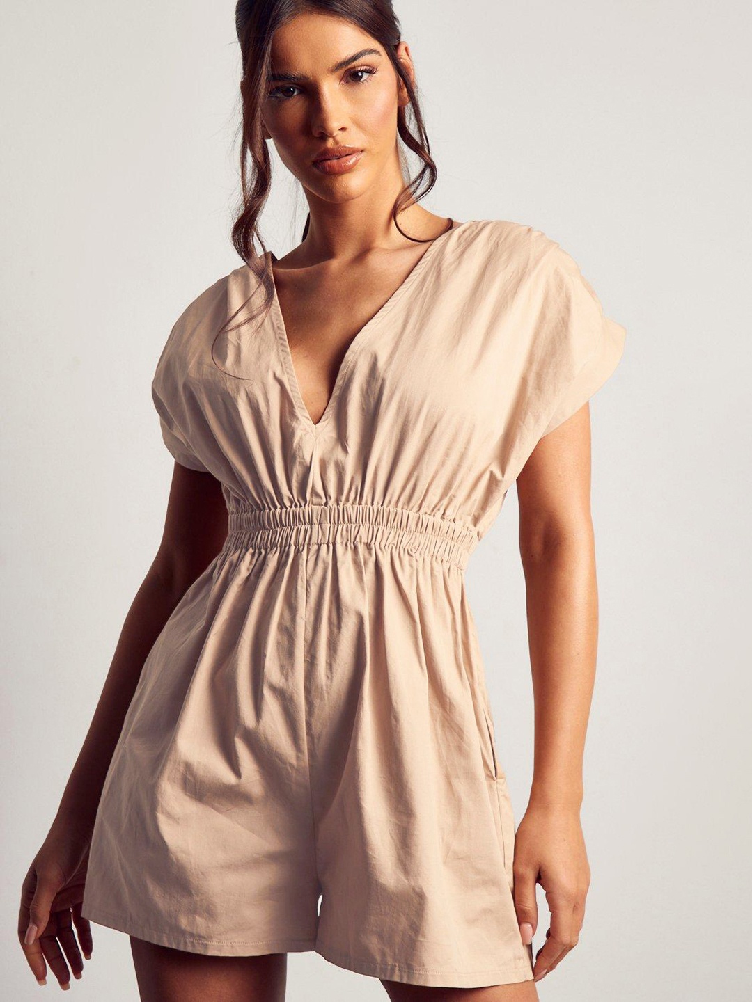 

MISSPAP Women Ruched Waist Plunge Front Playsuit, Beige