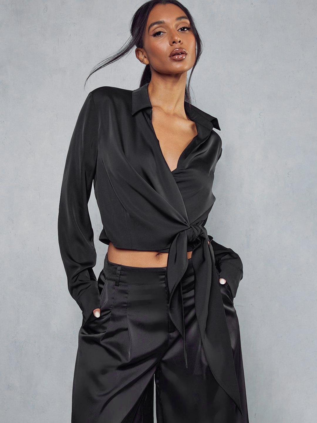 

MISSPAP Satin Tie-Up Shirt Crop Style Top, Black