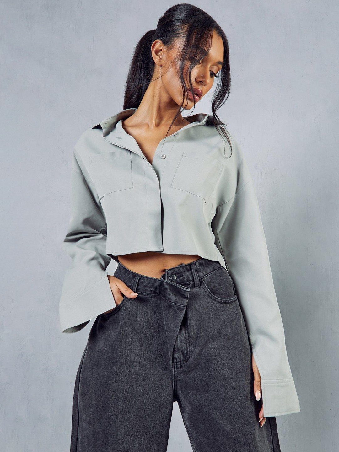 

MISSPAP Structured Boxy Cropped Shirt, Grey