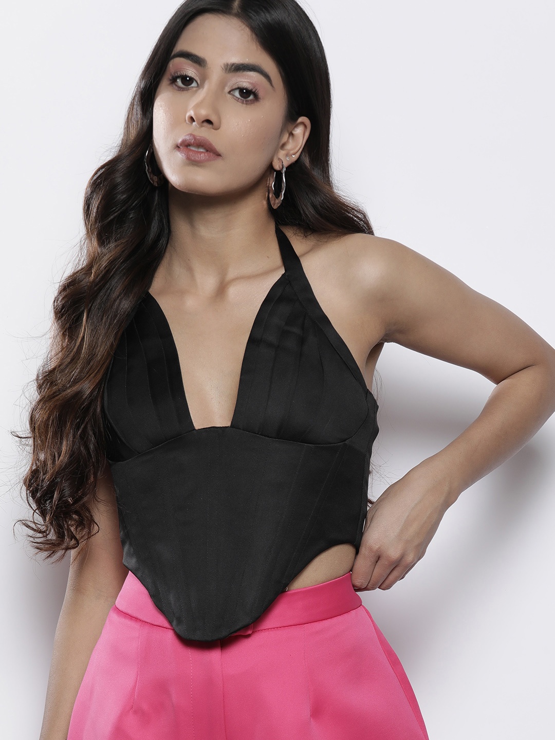 

MISSPAP Halter Neck Structured Corset Crop Top, Black