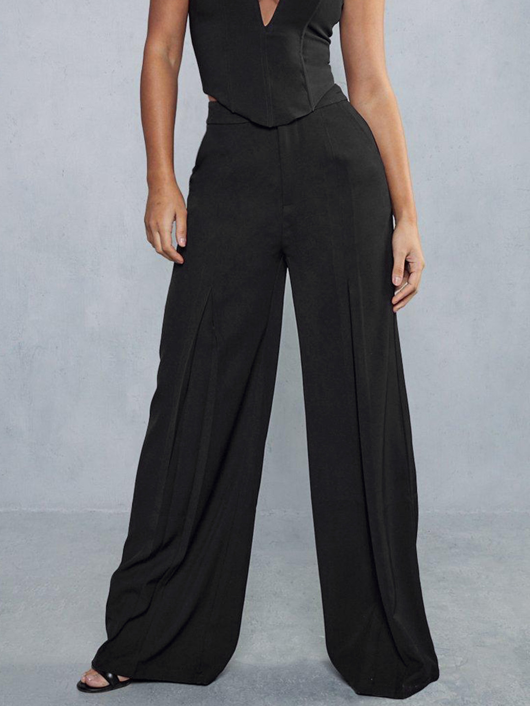 

MISSPAP Women Flared Pleated Trousers, Black