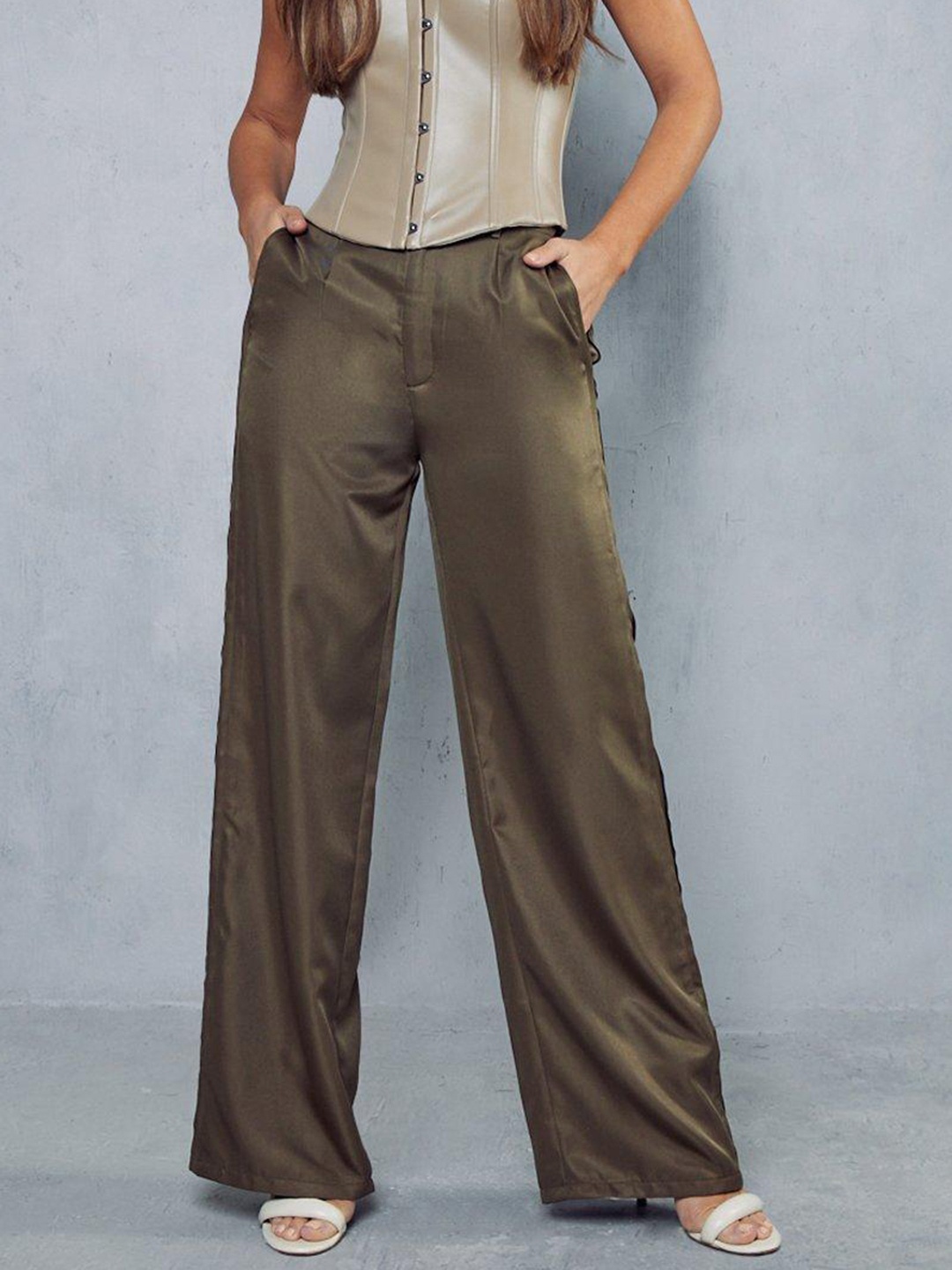 

MISSPAP Women Wide Leg Pleated Trousers, Olive