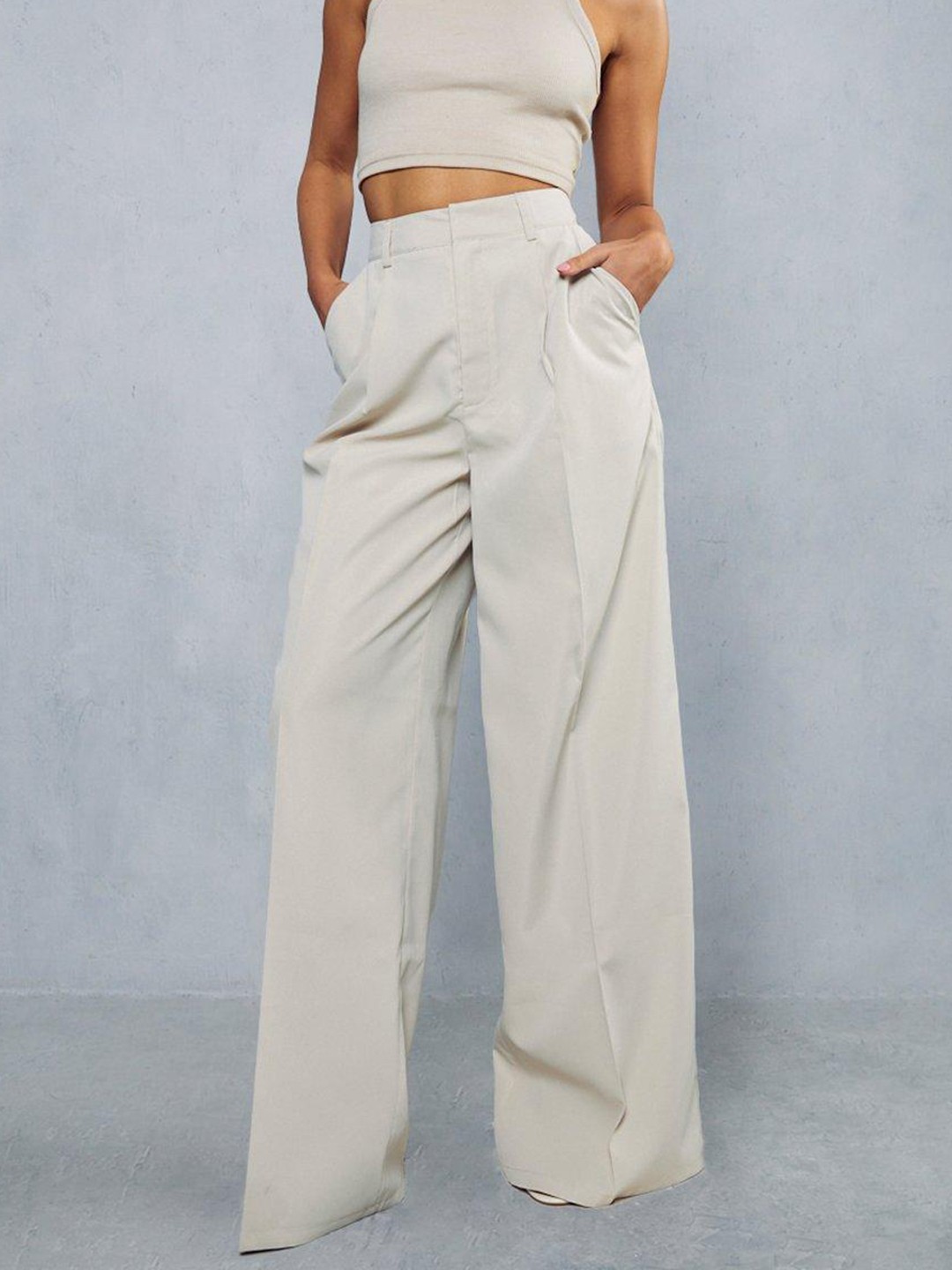 

MISSPAP Women Straight Fit Pleated Trousers, Beige