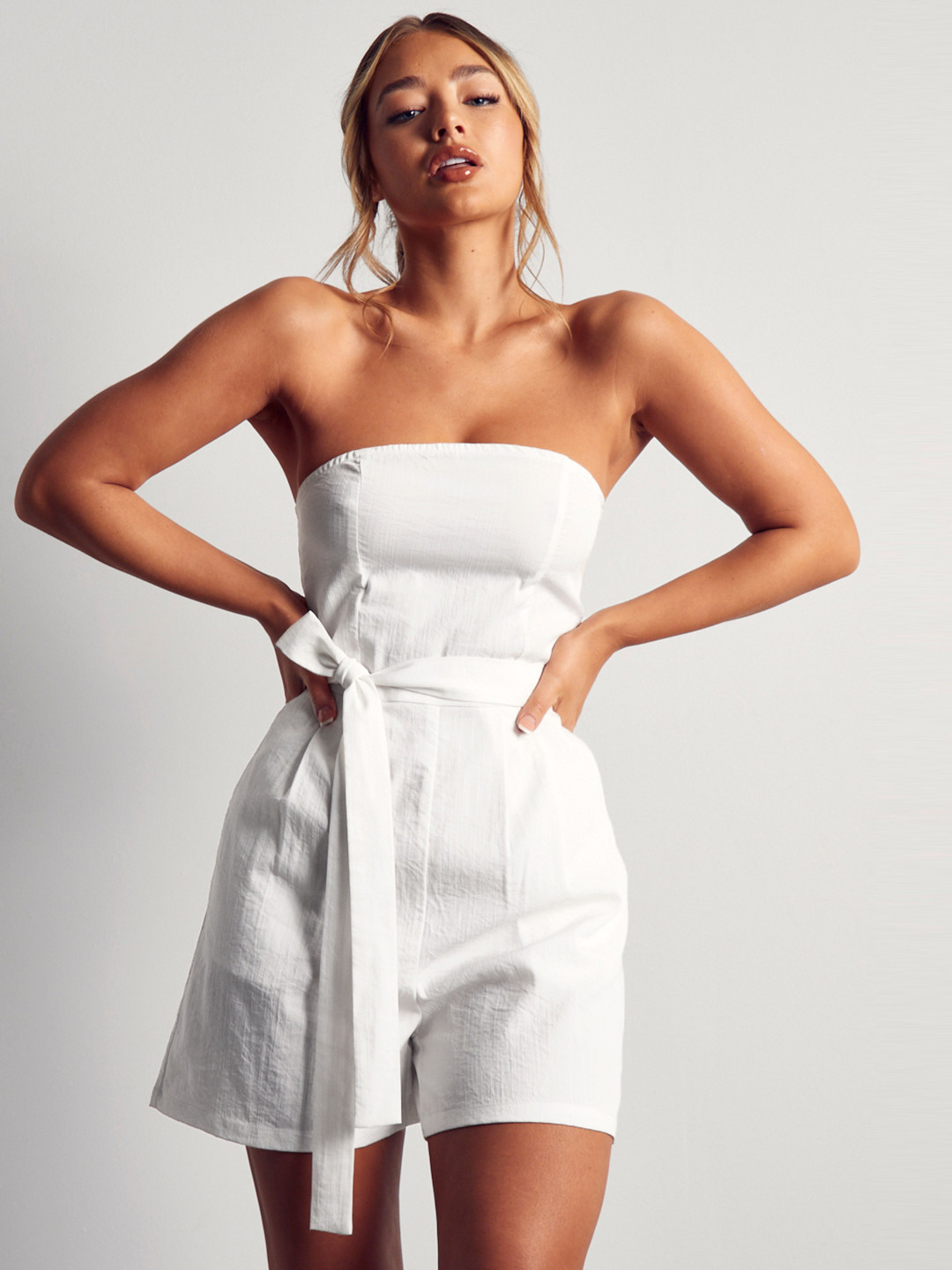 

MISSPAP Pure Cotton Strapless Playsuit with Belt, White