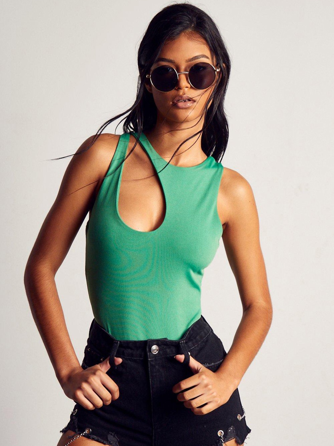

MISSPAP Women Cut-Out Detail Solid Bodysuit, Green