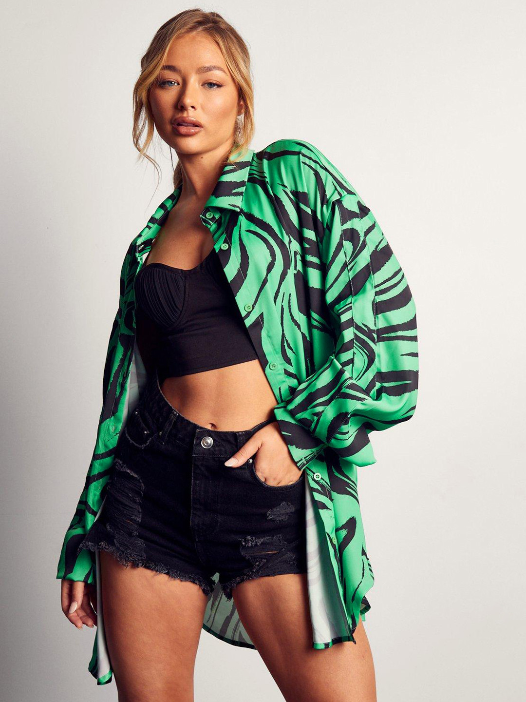 

MISSPAP Women Oversized Printed Casual Shirt, Green