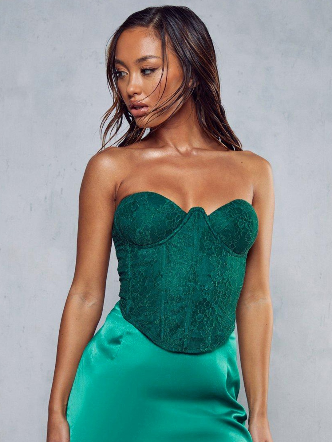 

MISSPAP Floral Lace Detail Corset Top, Green