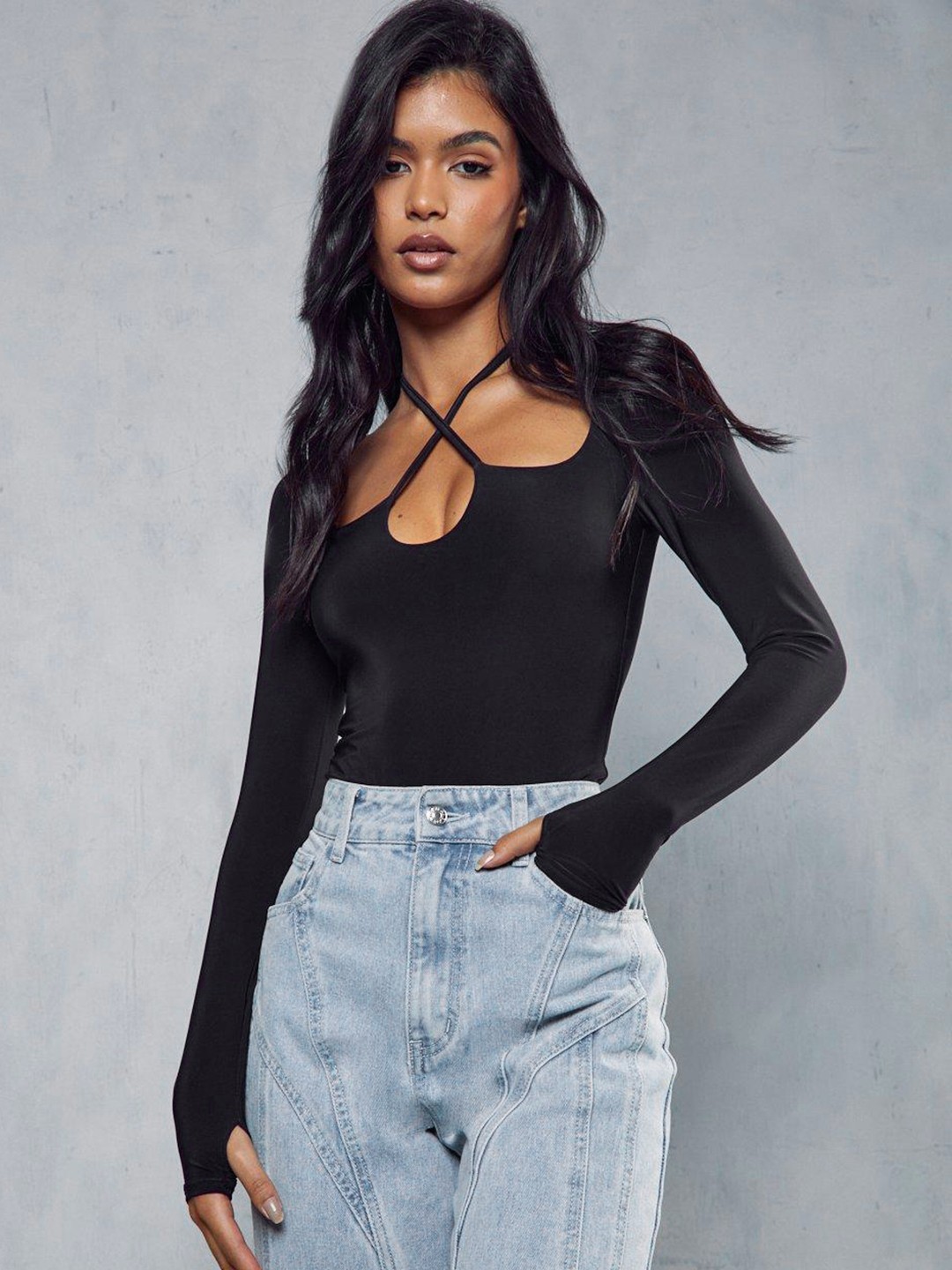 

MISSPAP Super Soft Double Layer Strappy Cross Front Bodysuit, Black