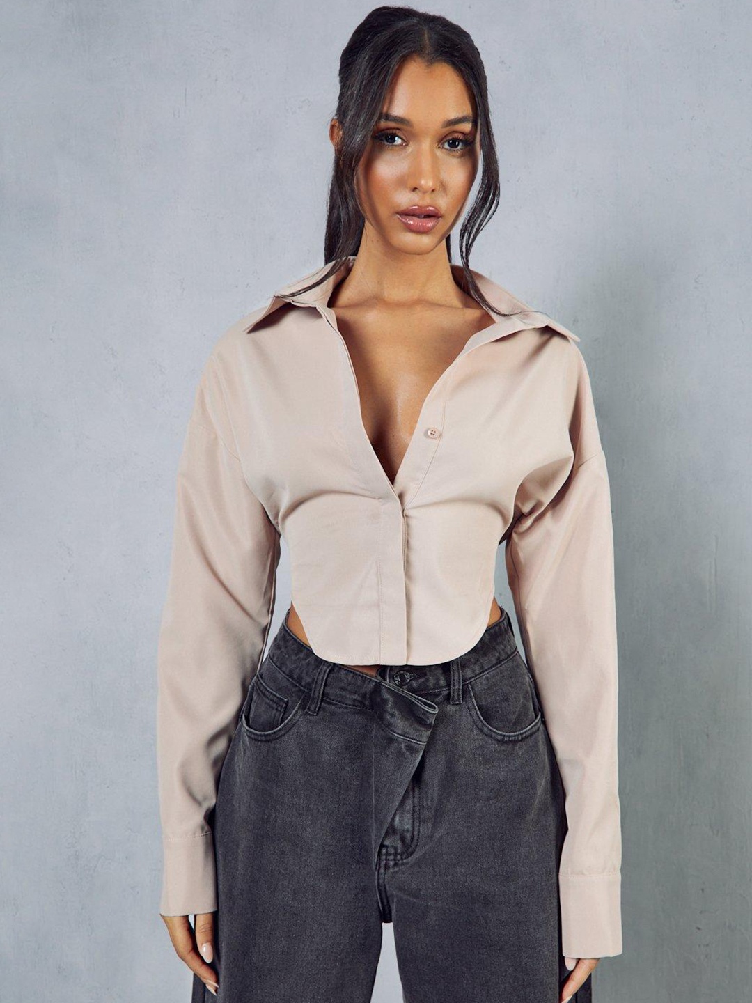 

MISSPAP Shirt Style Crop Top, Beige