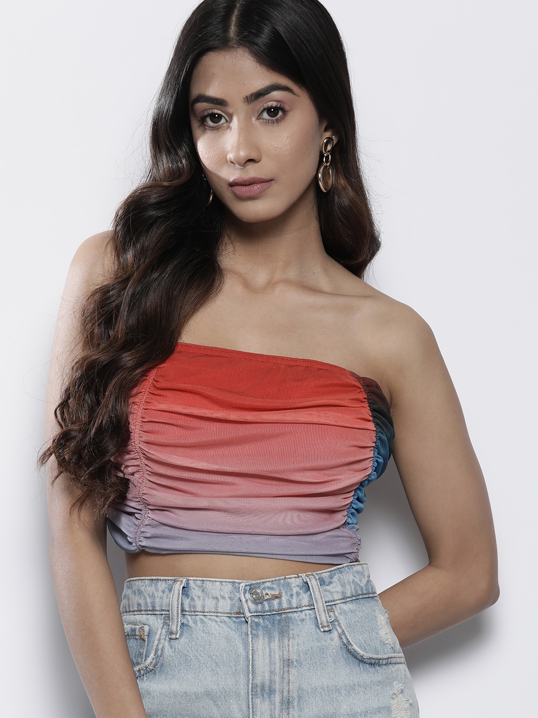 

MISSPAP Red & Teal Tie and Dye Off-Shoulder Tube Crop Top