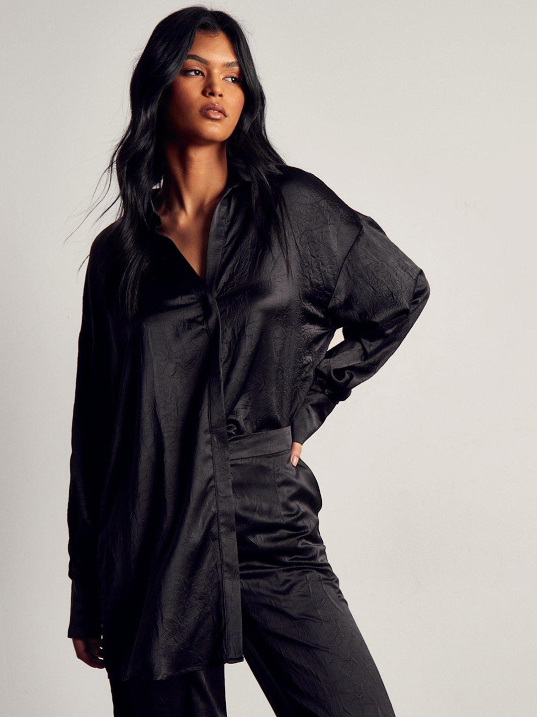 

MISSPAP Women Satin Oversized Longline Shirt, Black