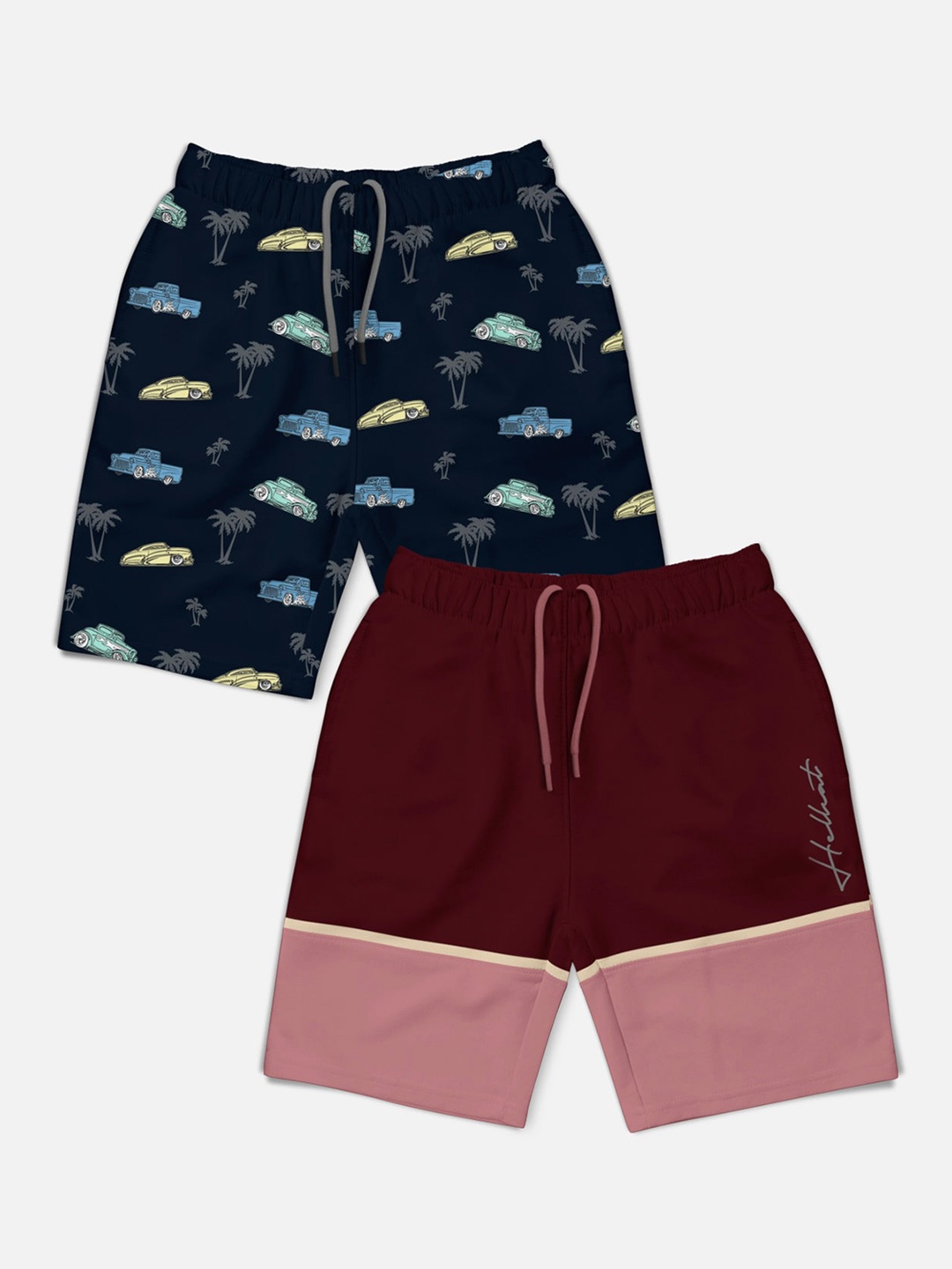 

HELLCAT Boys Pack of 2 Printed Mid-rise Shorts, Maroon