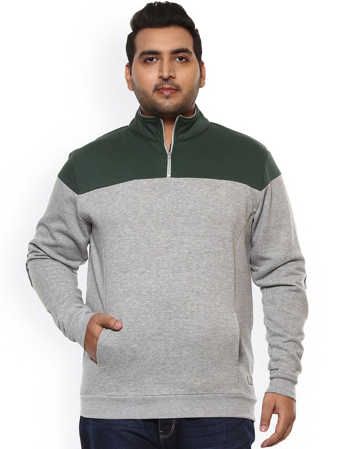 

John Pride Plus Size Men Grey Green Colourblocked Sweatshirt