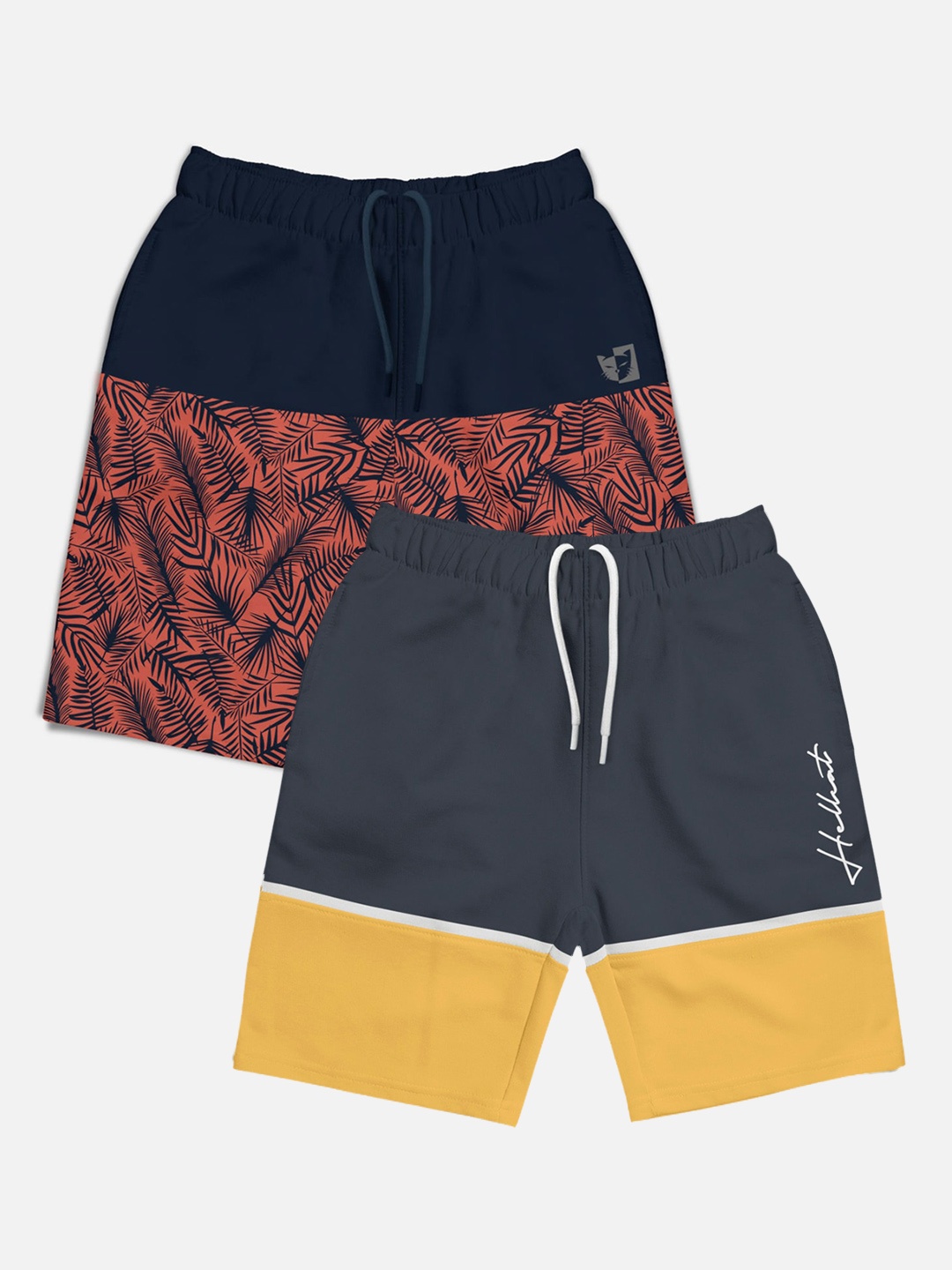 

HELLCAT Boys Pack of 2 Printed Mid-rise Cotton Shorts, Grey
