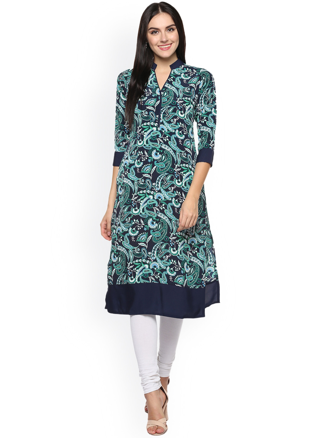 

Ives Women Blue Printed A-Line Kurta