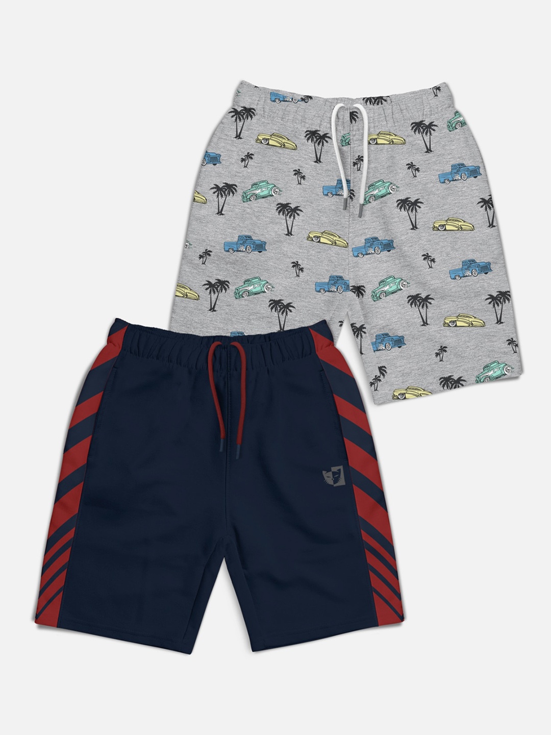 

HELLCAT Boys Pack of 2 Printed Mid-rise Cotton Shorts, Grey melange