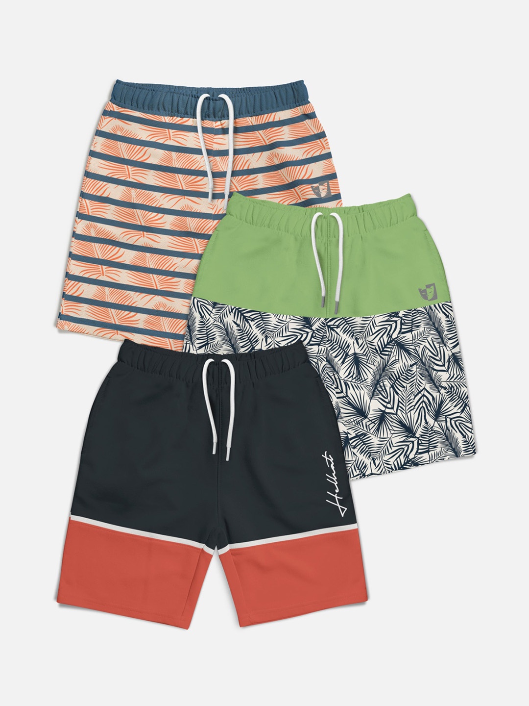 

HELLCAT Boys Pack Of 3 Printed Cotton Mid-Rise Shorts, Blue