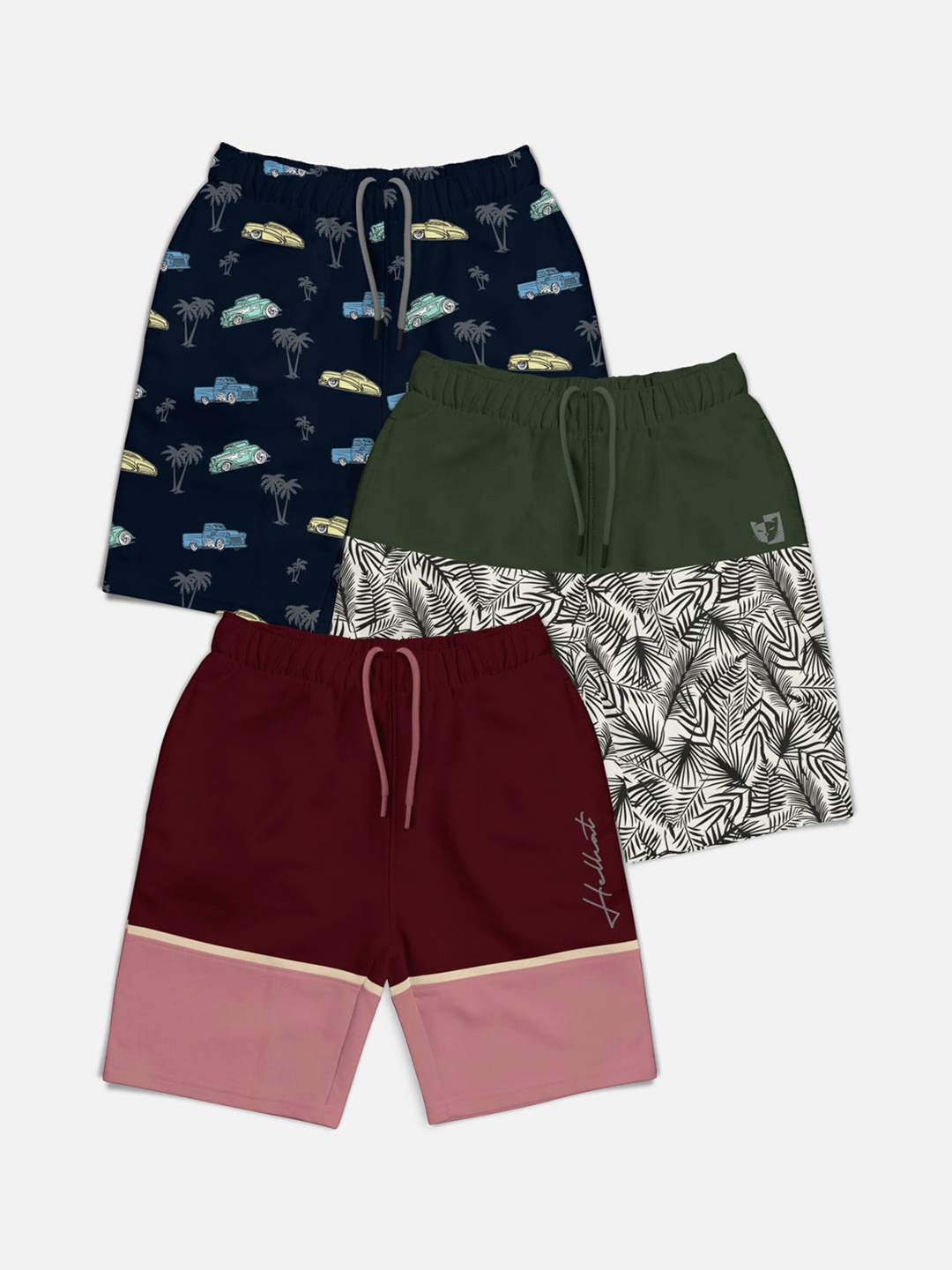 

HELLCAT Boys Pack of 3 Printed Mid-Rise Shorts, Navy blue