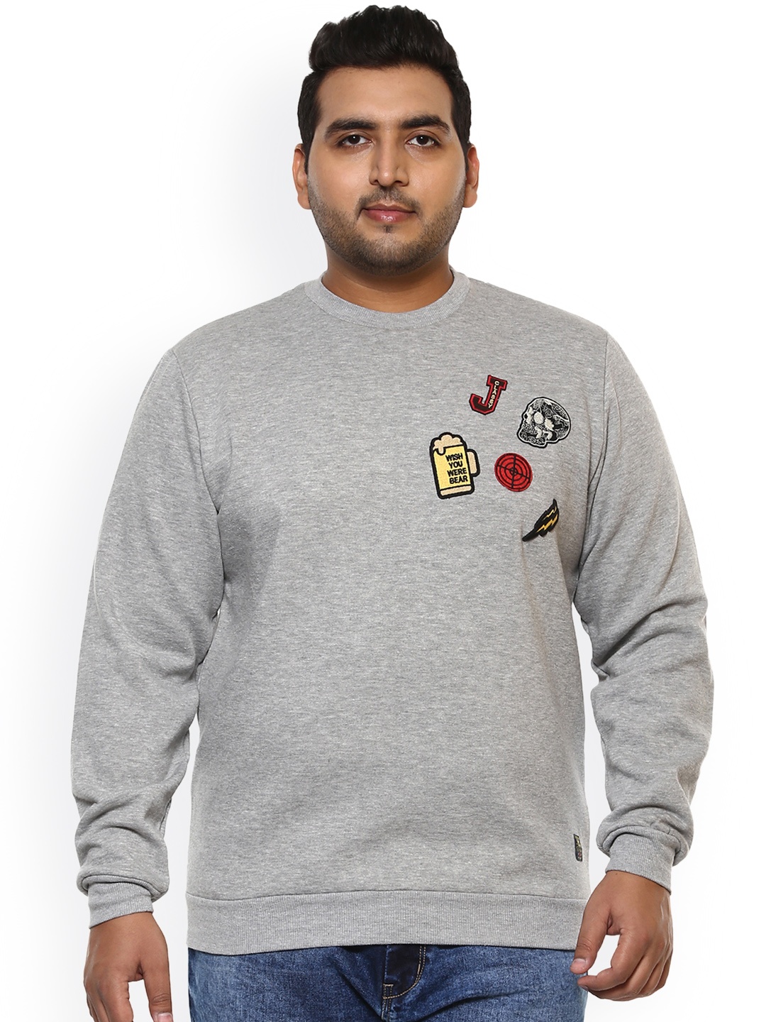 

John Pride Plus Size Men Grey Solid Sweatshirt