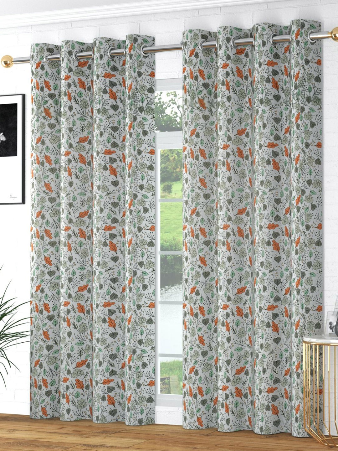 

Bajo's White & Grey 2 Pieces Floral Printed Long Door Curtains