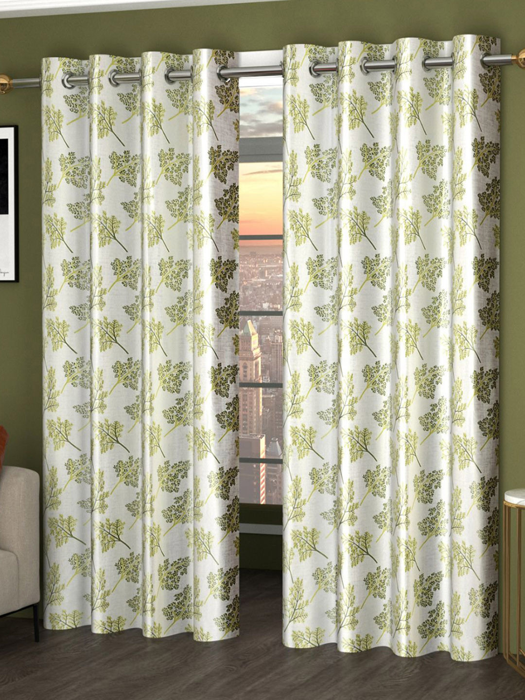 

Bajo's White & Green 2 Pieces Floral Printed Long Door Curtains