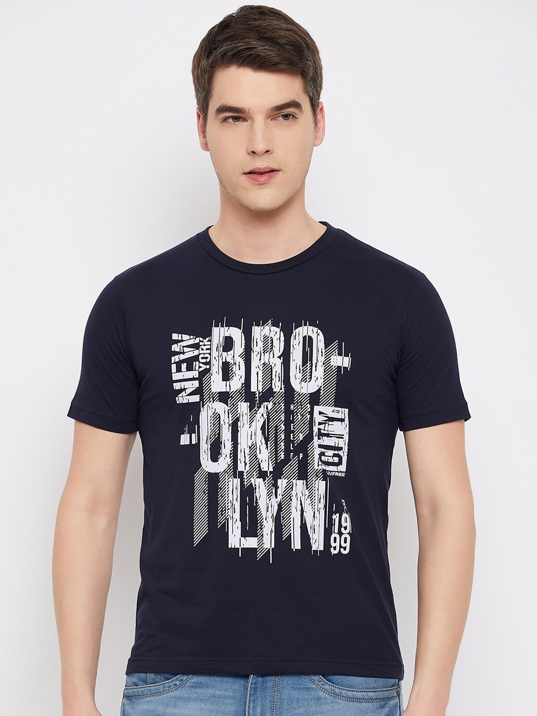 

LIVFREE Typography Printed Round Neck T-shirt, Navy blue