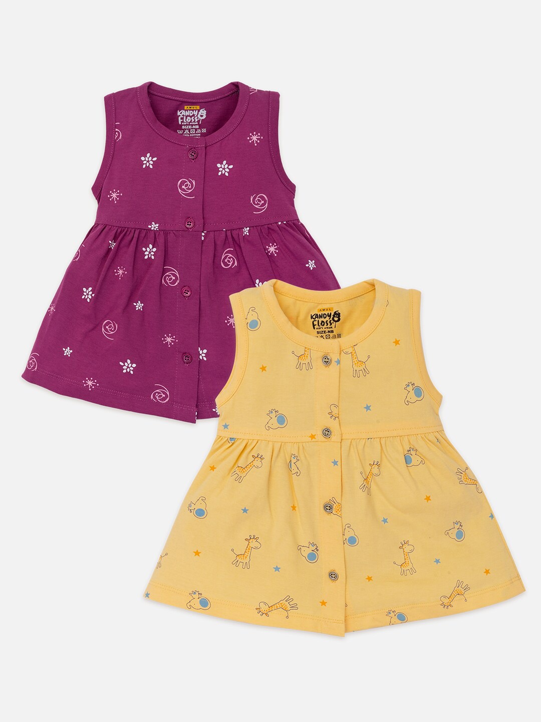 

AMUL Kandyfloss Infant Girls Pack Of 2 Printed Pure Cotton Fit & Flare Dresses, Yellow