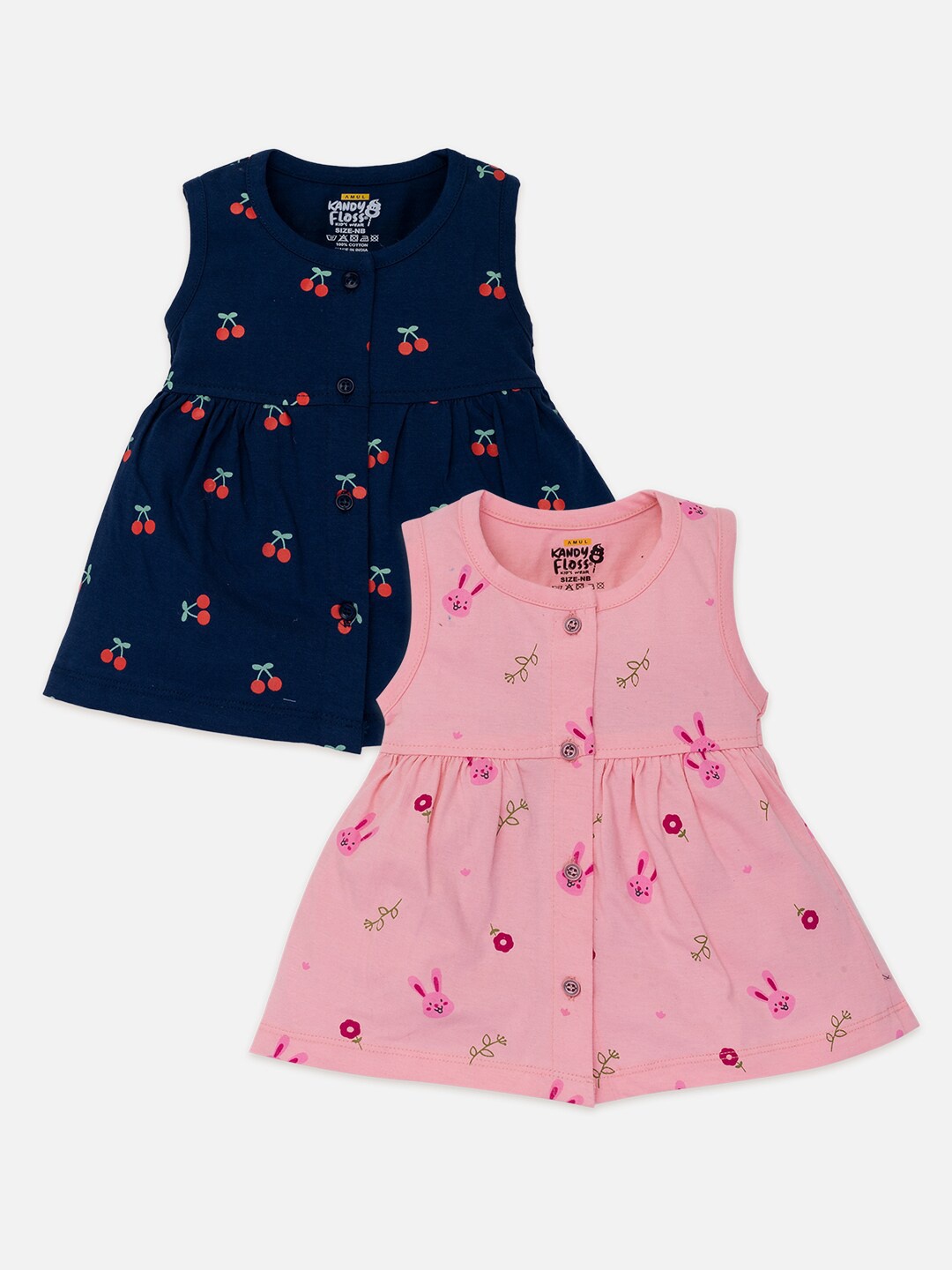 

AMUL Kandyfloss Infant Girls Pack Of 2 Printed Pure Cotton Fit & Flare Dresses, Pink