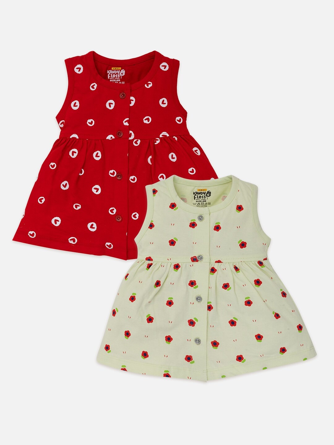 

AMUL Kandyfloss Infant Girls Pack Of 2 Printed Pure Cotton Fit & Flare Dresses, Green
