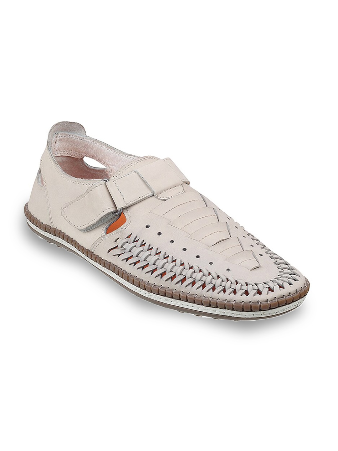 

Metro Men Woven Design Leather Shoe-Style Sandals With Velcro, Off white