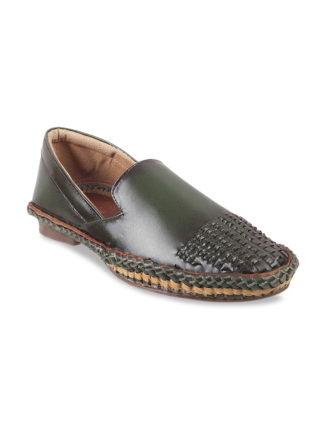 

DAVINCHI Men Woven Design Leather Basics Mojaris, Olive