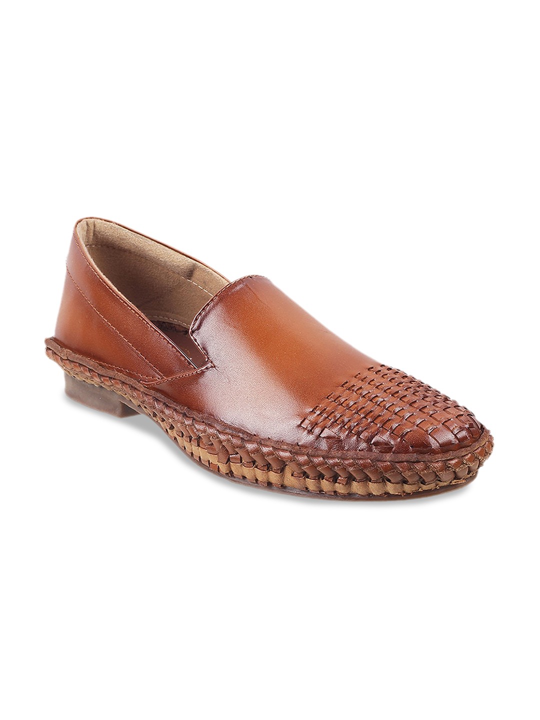 

DAVINCHI Men Woven Design Leather Basics Mojaris, Tan