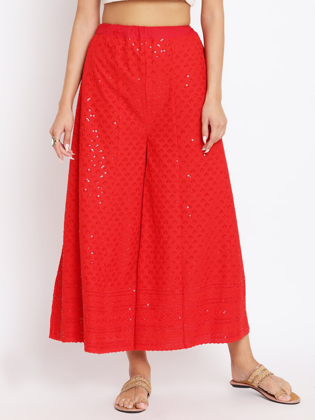 

KALINI Women Embroidered Sequinned Flared Knitted Cotton Palazzos, Red