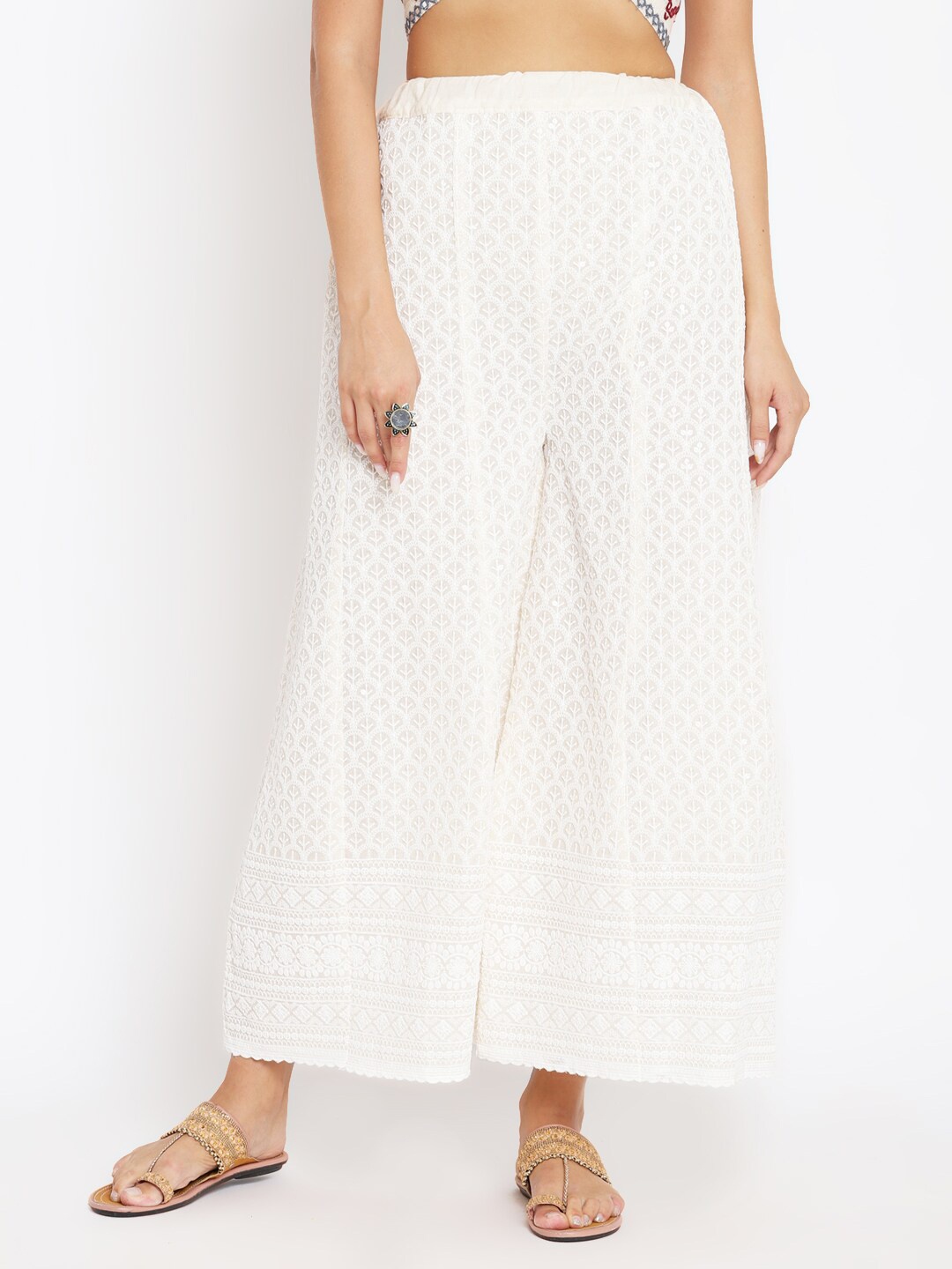 

KALINI Women Ethnic Motifs Embroidered Flared Knitted Palazzos, White