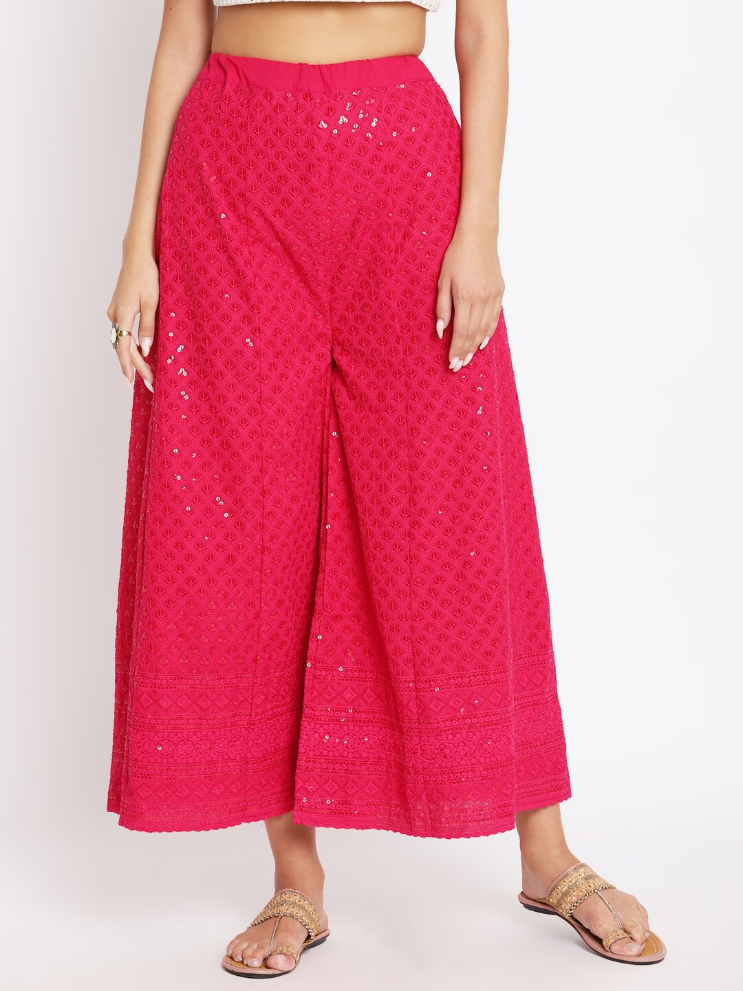 

KALINI Women Ethnic Motifs Embroidered Flared Knitted Cotton Palazzos, Fuchsia