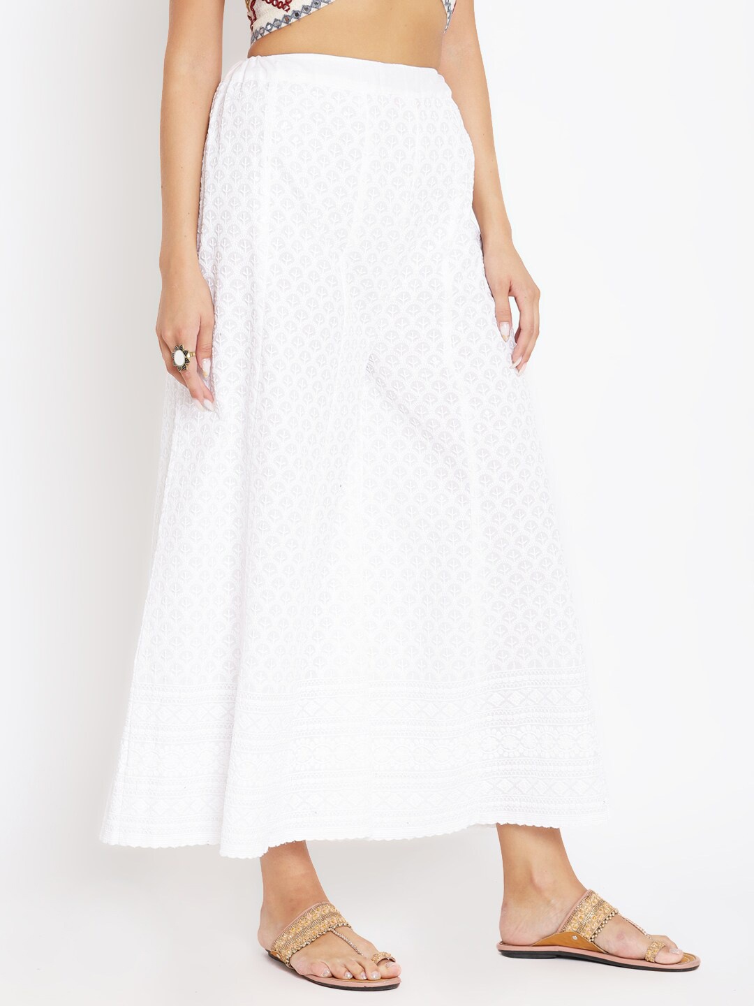 

KALINI Women Ethnic Motifs Embroidered Cotton Flared Palazzos, White