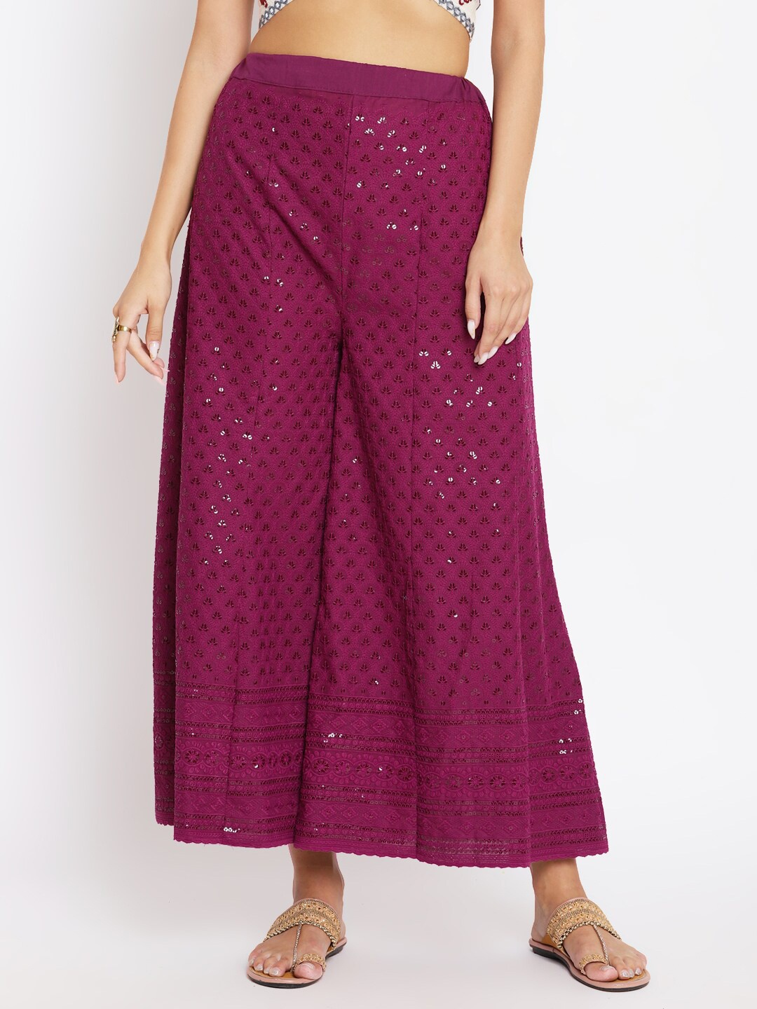 

KALINI Women Ethnic Motifs Embroidered Flared Cotton Palazzos, Purple