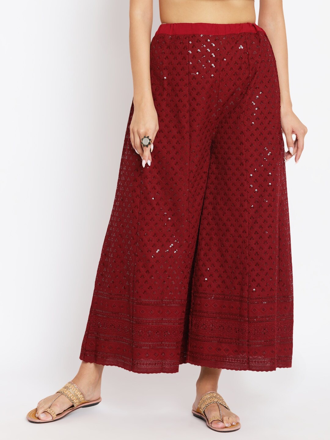 

KALINI Women Ethnic Motifs Embroidered Flared Knitted Cotton Palazzos, Maroon