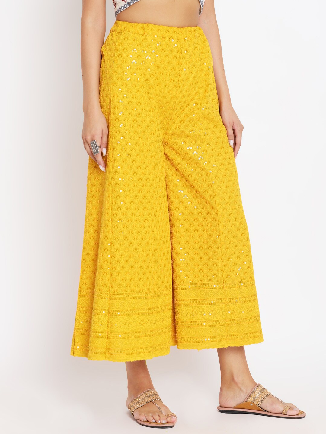 

KALINI Women Ethnic Motifs Embroidered Flared Cotton Knitted Palazzos, Yellow