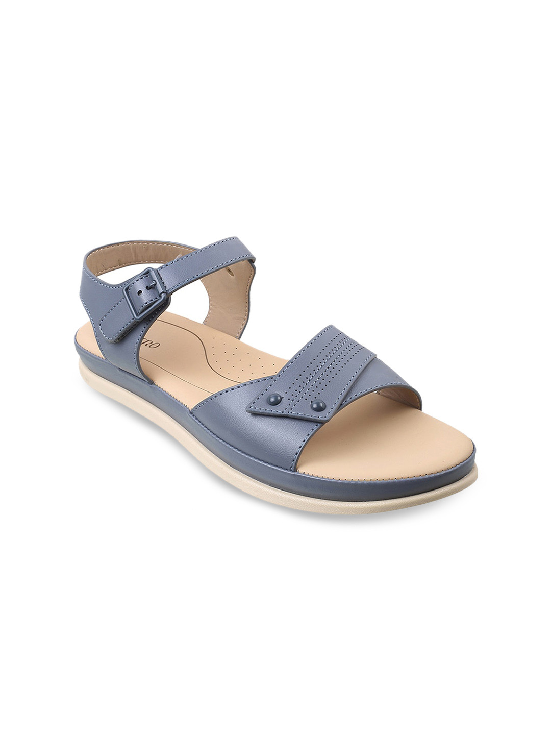 

Metro Women Laser Cuts Open Toe Flats With Buckle, Blue