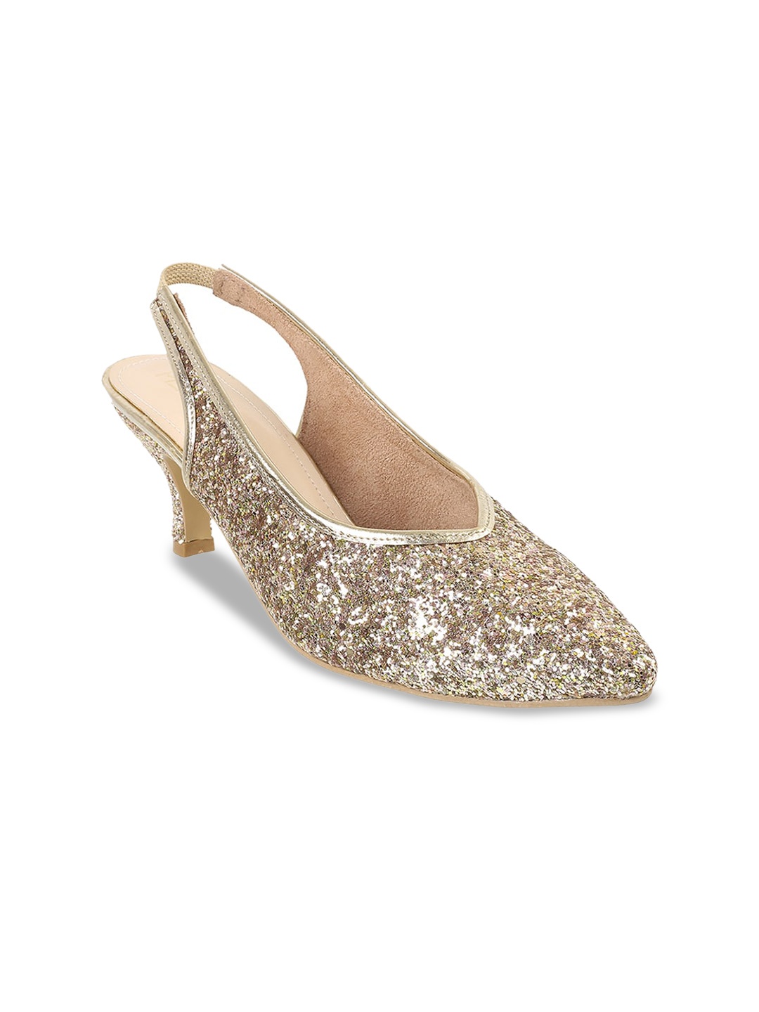 

Metro Embellished Pointed Toe Kitten Mules With Backstrap, Gold